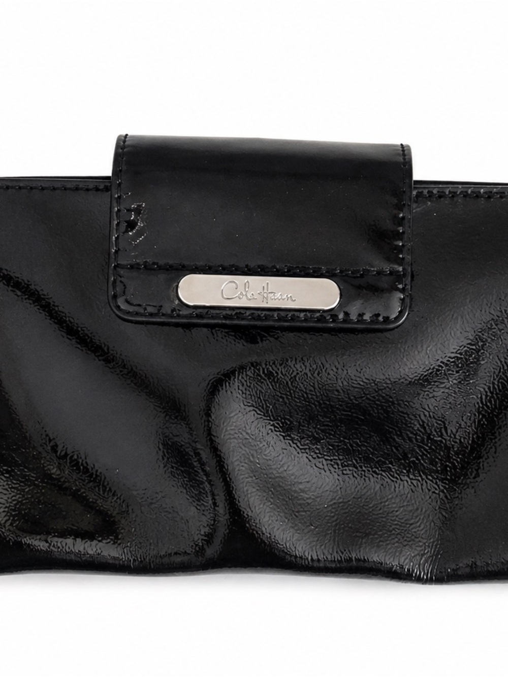 Cole Haan Black Patent Leather Wristlet Clutch with Metal Logo Plaque